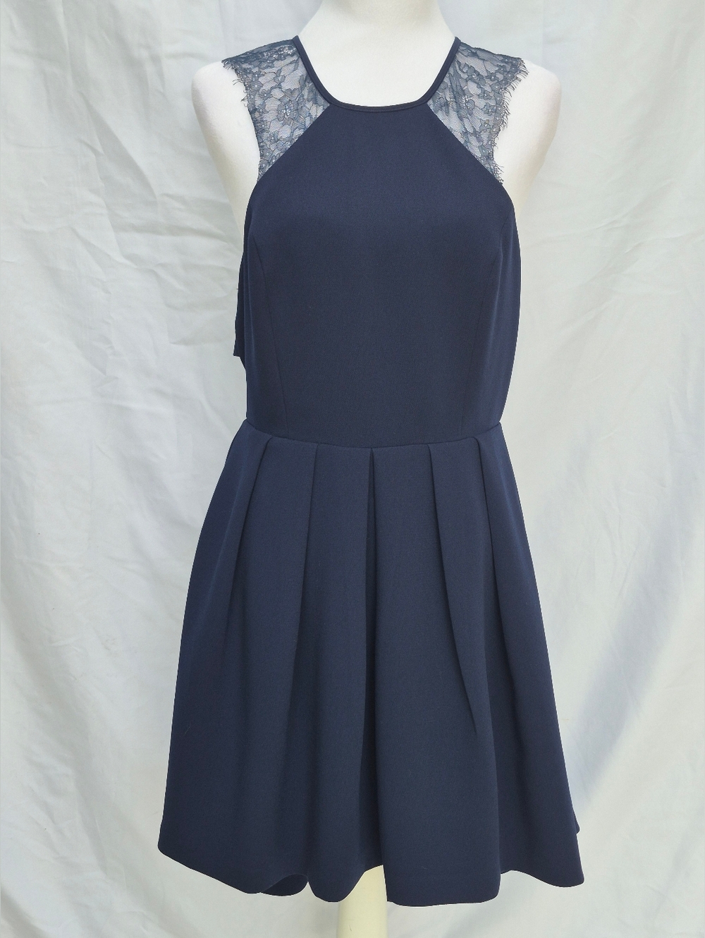 BCBGeneration Navy Blue Lace Cutout Dress Fit & Flare Midi Size 8 Wedding Guest